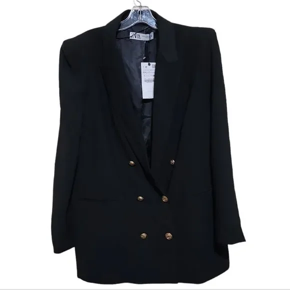 ZARA Black Padded Shoulder Double Breasted Blazer with Gold Buttons Sz XXL - Picture 5 of 12